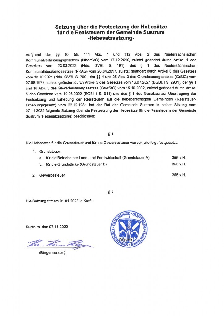 Hebesatzsatzung zum 01.01.2023 - Gemeinde Sustrum