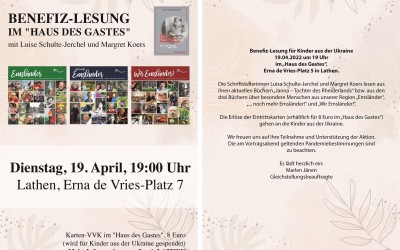 BENEFIZ-LESUNG IM „HAUS DES GASTES“ mit Luise Schulte-Jerchel und Margret Koers am 19.04.22 um 19 Uhr