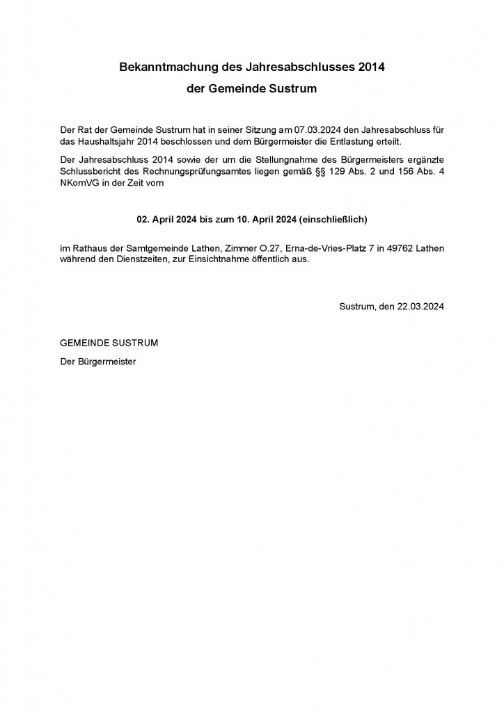 Bekanntmachung des Jahresabschlusses 2014 Sustrum
