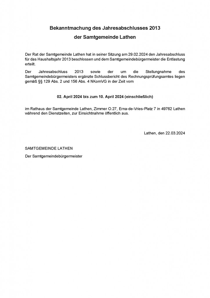 Bekanntmachung des Jahresabschlusses Samtgemeinde 2013