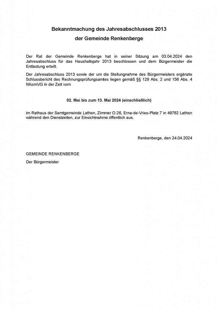 Bekanntmachung des Jahresabschlusses 2013 Renkenberge
