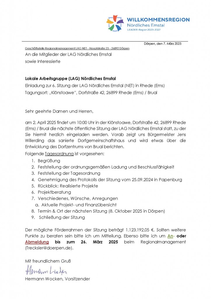 20250307 Einladungsschreiben 6. LAG Sitzung