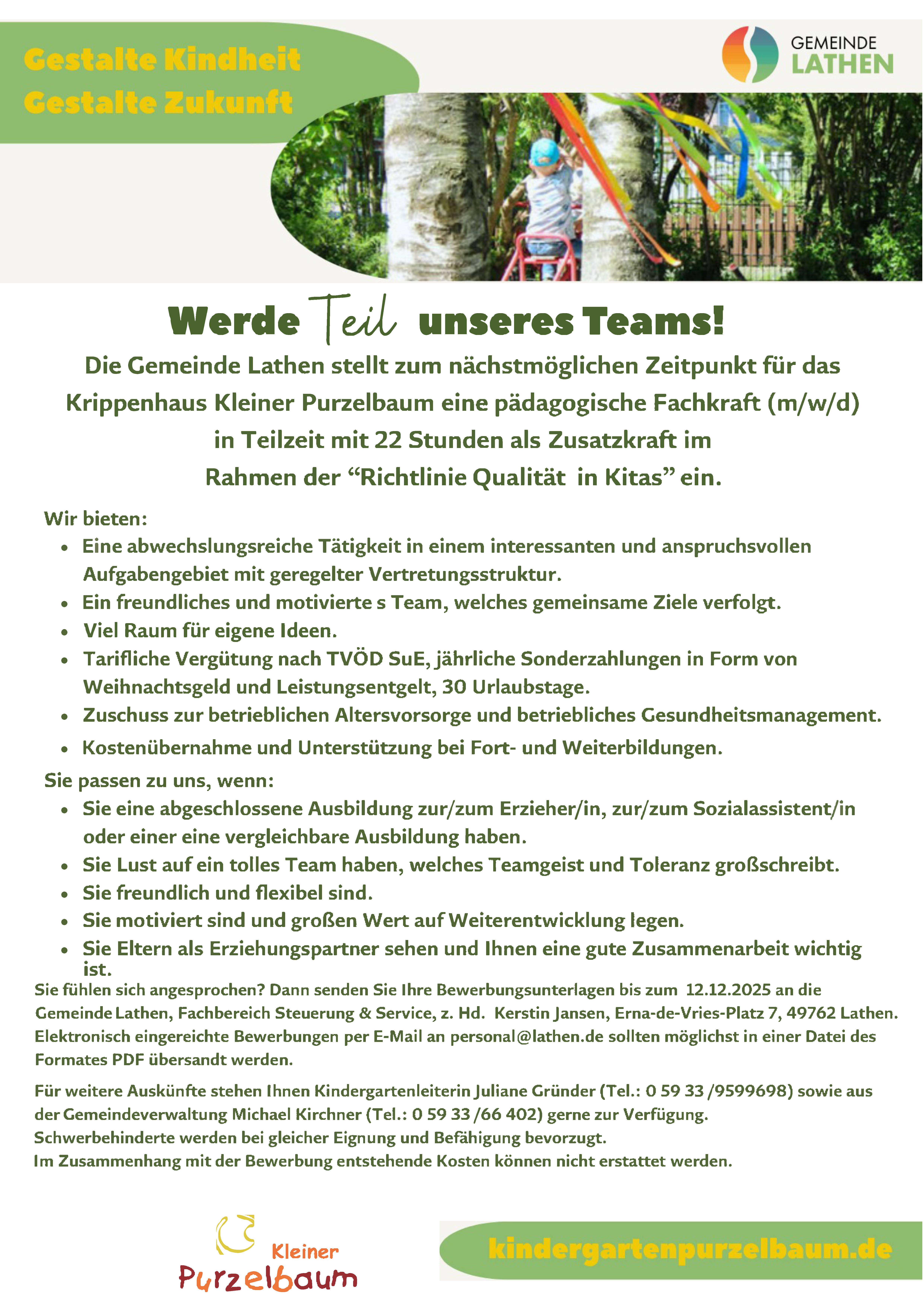 Pädagogische Fachkraft (m/w/d) für das Krippenhaus Kleiner Purzelbaum