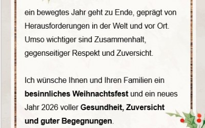 Besinnliche Weihnachtsgrüße und zuversichtlicher Ausblick auf das Jahr 2026