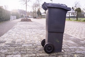 A plastic dumpster is standing on the side of the road waiting for a garbage truck in the countryside.