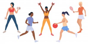 Set of active ladies at sport training. Bundle of slim women in good shape doing exercise with equipment. Vector illustration can be used for presentation, promo, sport
