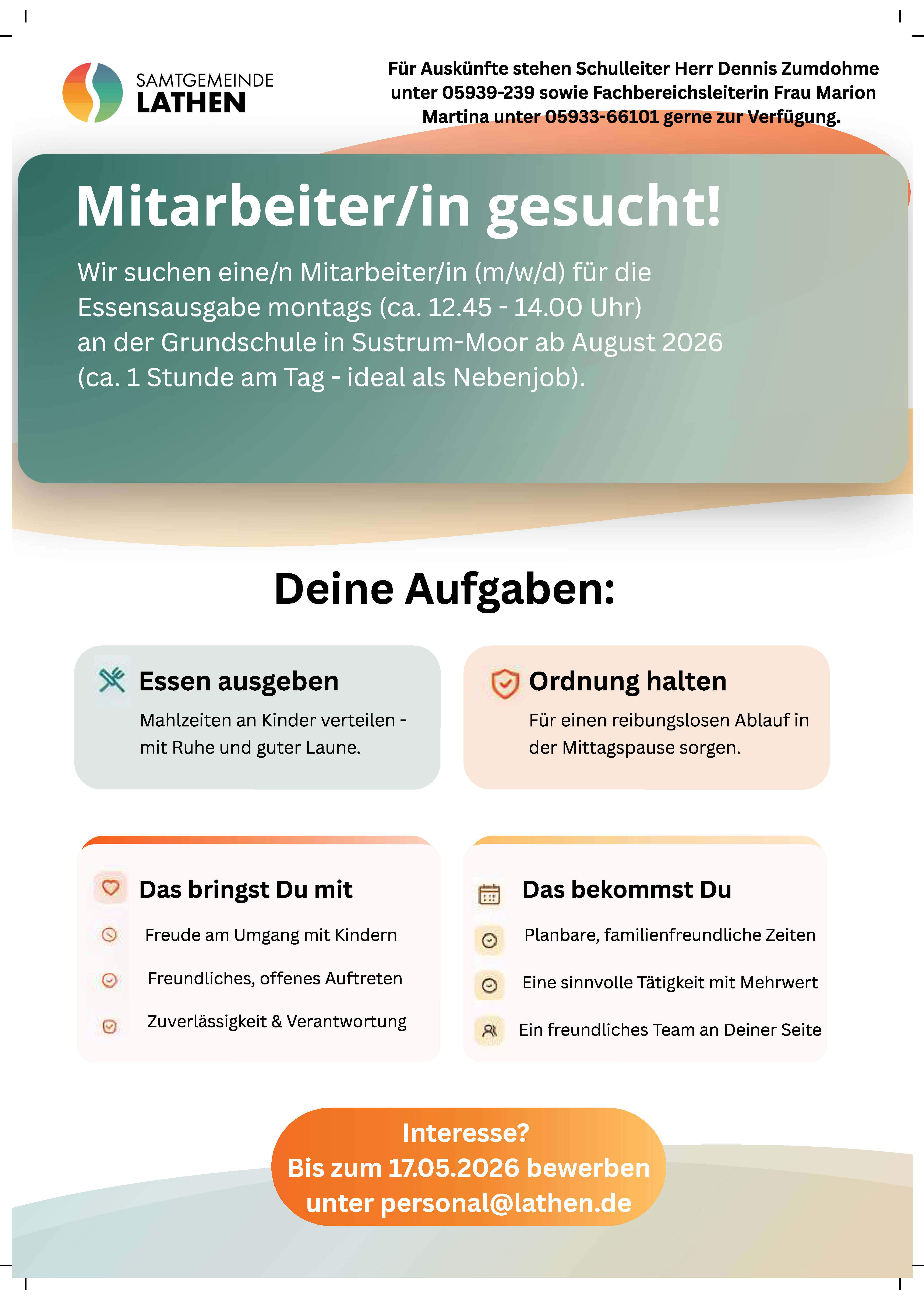 Mitarbeiter für die Grundschule in Sustrum-Moor gesucht!