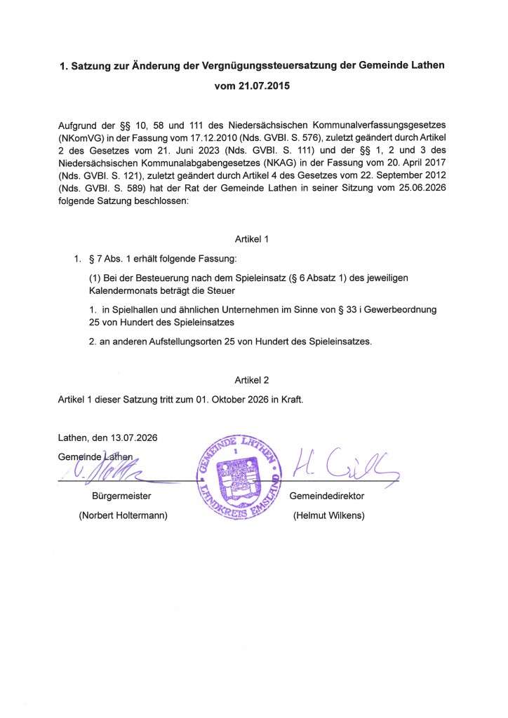 1. Änderung der Vergnügungssteuersatzung der Gemeinde Lathen