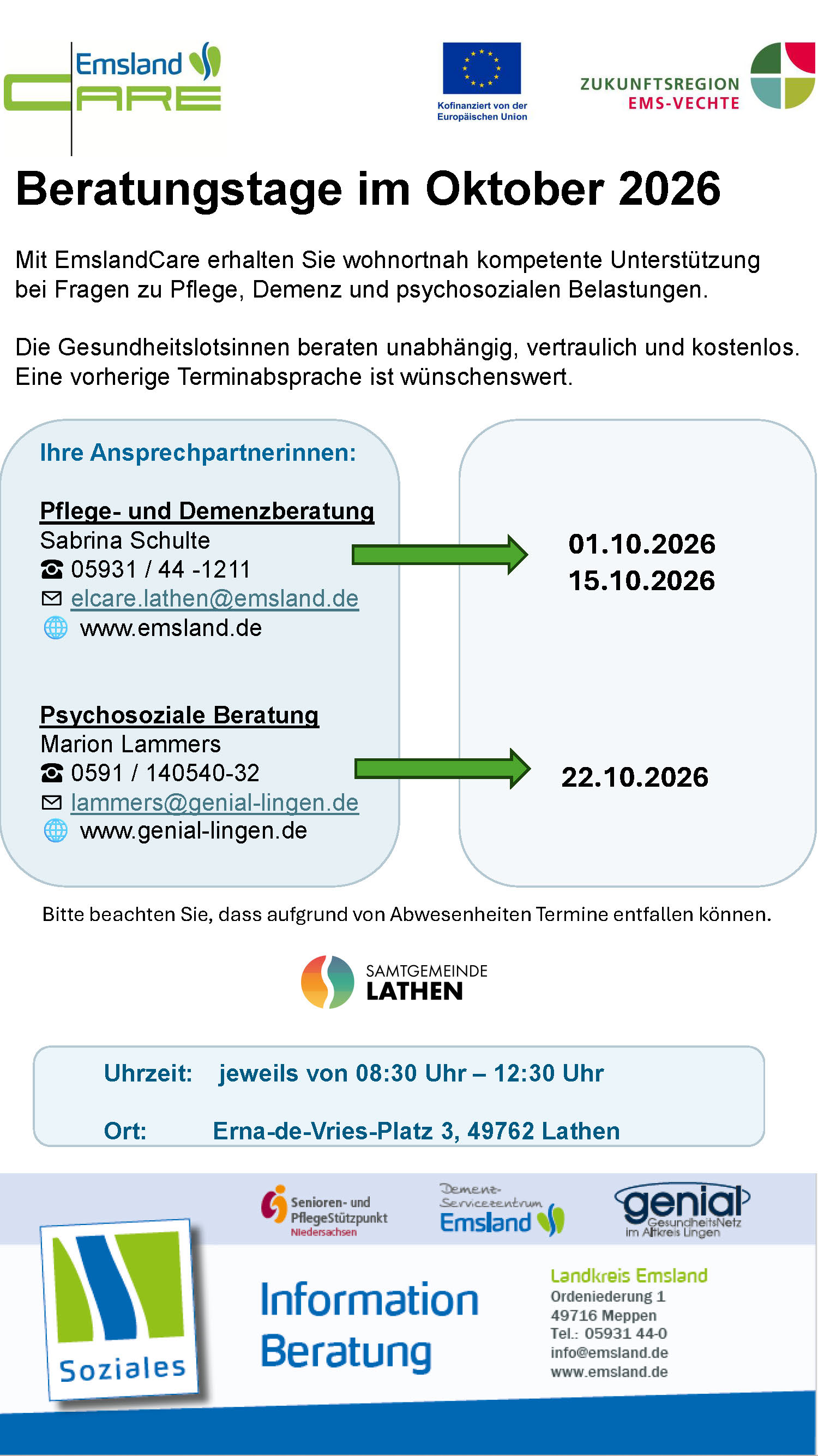 EmslandCare – Beratungstage im Oktober 2026 in Lathen